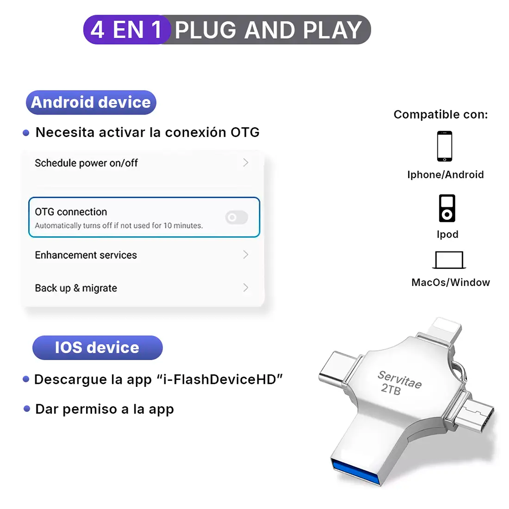 Memoria Otg 4 En 1 iPhone Android iPad Pc Usb-c Lighting 2tb - Imagen 6