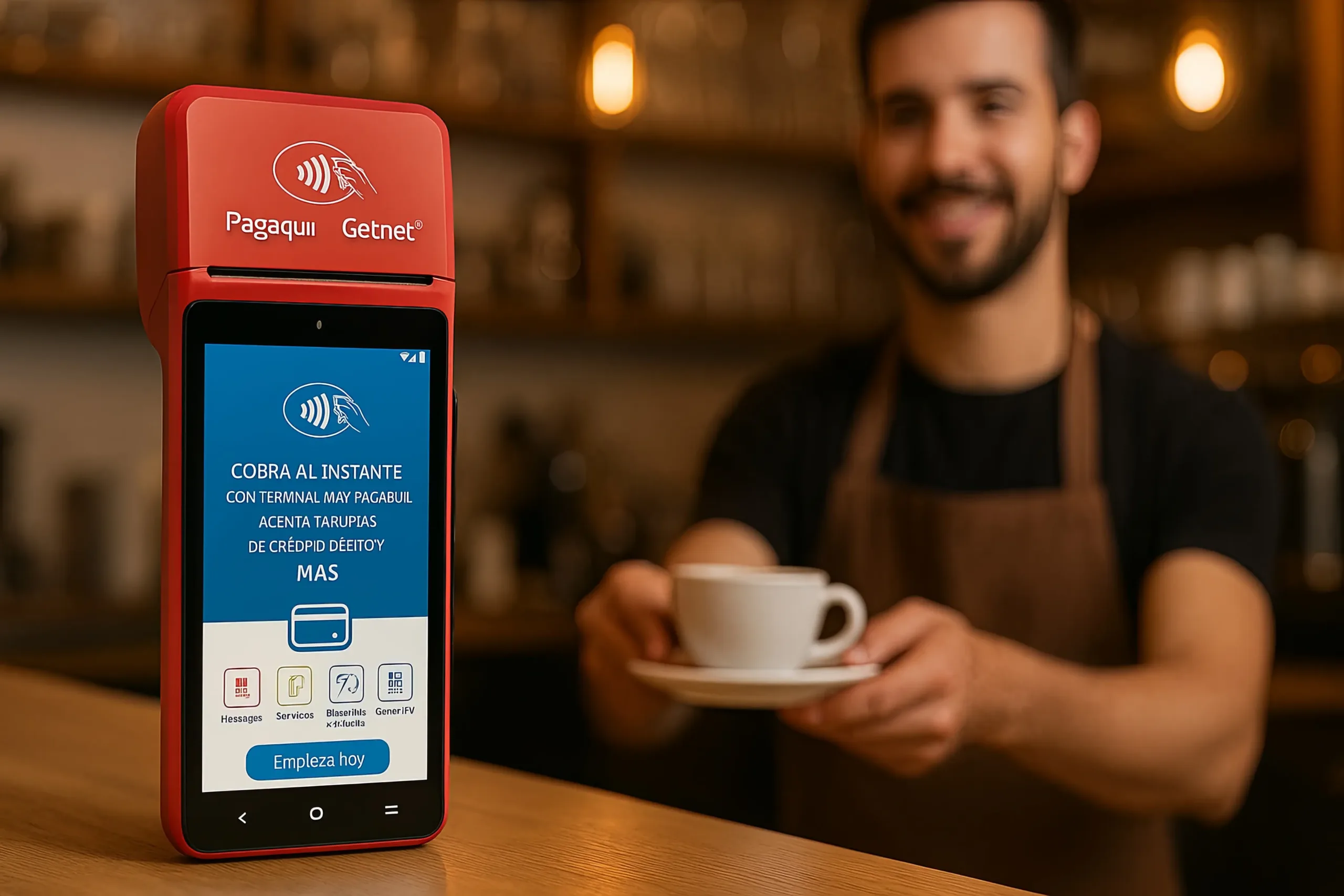 Terminal de cobro Max Pagaqui para negocios de todos los tamaños, equipada con tecnología NFC y EMV para aceptar pagos de tarjetas de crédito, débito, Bienestar, vales y billeteras digitales como Apple Pay y Google Pay. Desde la comodidad de tu tienda, restaurante o emprendimiento, podrás cobrar de forma rápida, segura y sin complicaciones.