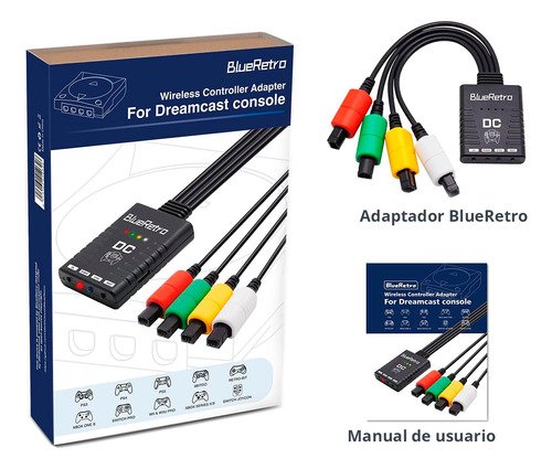 Adaptador Bluetooth instalado en puerto de mandos de consola Dreamcast mostrando conexión simultánea de múltiples controles