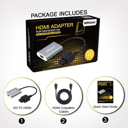 Adaptador Wii HDMI Bitfunx mostrando conexión directa y mejora de imagen en televisor