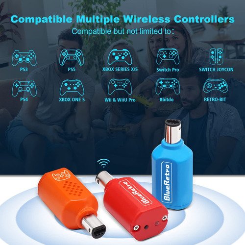 Conectores y puertos del adaptador Bluetooth Bitfunx para GameCube con entrada USB y LED indicador