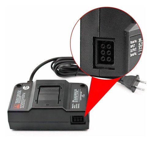 Conexión del adaptador de corriente para Nintendo 64 mostrando entradas y salidas eléctricas