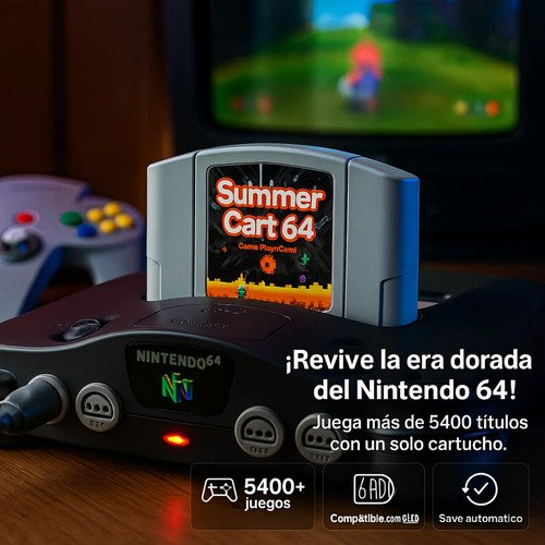 Cartucho Summer Cart 64 mostrando ranura para tarjeta TF y lector incluido para expansión de memoria