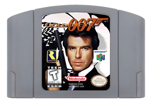 Cartucho original de GoldenEye 007 para Nintendo 64 en español, mostrando el diseño frontal clásico del juego