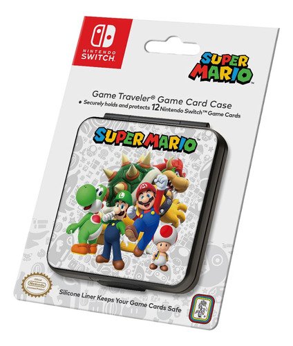 Estuche oficial de Super Mario para Nintendo Switch mostrando diseño frontal con personajes retro y cierre seguro