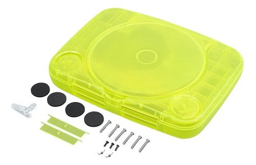 Carcasa verde transparente para PlayStation 1 mostrando diseño frontal y compatibilidad con modelos clásicos