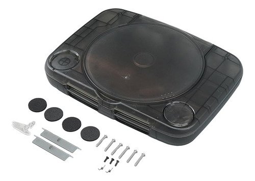 Carcasa transparente negra para consola PlayStation 1 mostrando diseño translúcido y componentes internos