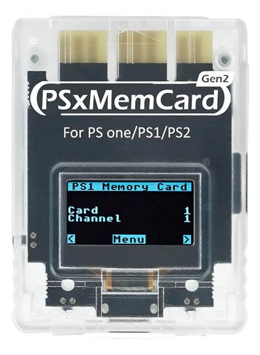 Tarjeta de memoria Psxmemcard Gen2 para PlayStation 1 y 2 con pantalla OLED que muestra información de guardado