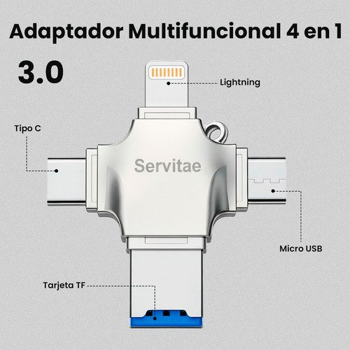 Lector OTG 4en1 Servitae con conexiones USB 3.0, USB-C, Lightning y MicroUSB para transferir archivos entre dispositivos móviles y computadoras