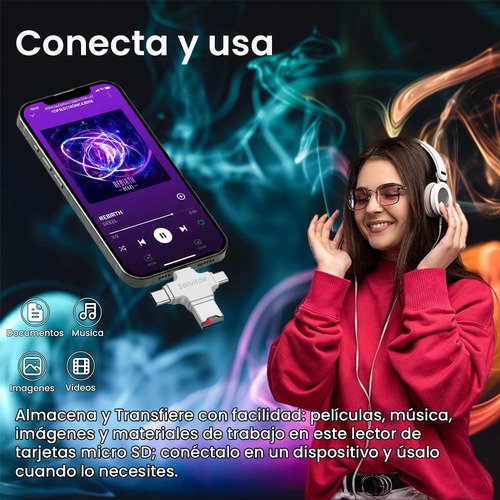 Lector OTG 4en1 Servitae con conexiones USB 3.0, USB-C, Lightning y MicroUSB para transferir archivos entre dispositivos móviles y computadoras
