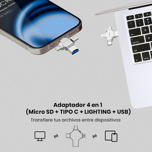 Lector OTG 4en1 Servitae con conexiones USB 3.0, USB-C, Lightning y MicroUSB para transferir archivos entre dispositivos móviles y computadoras