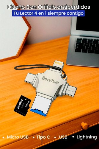 Lector OTG 4en1 Servitae con conexiones USB 3.0, USB-C, Lightning y MicroUSB para transferir archivos entre dispositivos móviles y computadoras