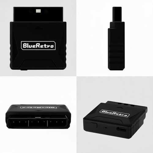 Adaptador BlueRetro Mini conectado a consola PlayStation 1 para juego inalámbrico retro