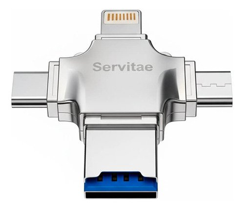 Lector OTG 4en1 Servitae con conexiones USB 3.0, USB-C, Lightning y MicroUSB para transferir archivos entre dispositivos móviles y computadoras