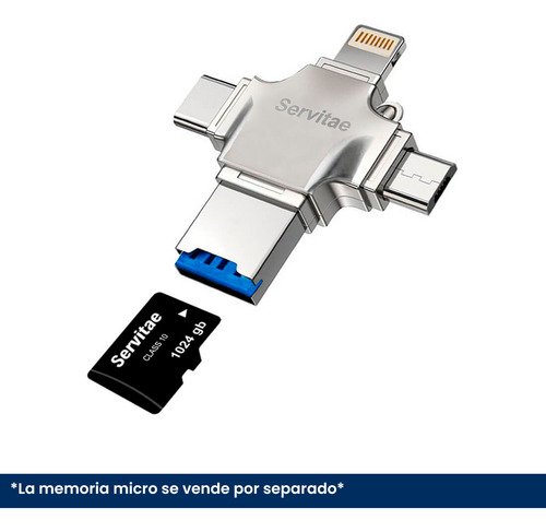Lector OTG 4en1 Servitae con conexiones USB 3.0, USB-C, Lightning y MicroUSB para transferir archivos entre dispositivos móviles y computadoras