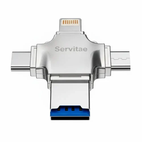 Lector OTG 4en1 Servitae con conexiones USB 3.0, USB-C, Lightning y MicroUSB para transferir archivos entre dispositivos móviles y computadoras