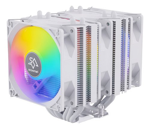 Disipador Servitae-Snowman con 3 ventiladores ARGB instalado en placa base, mostrando luces RGB encendidas para enfriamiento eficiente