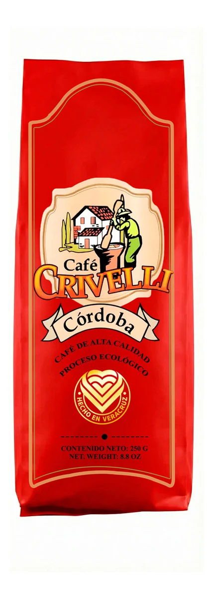 Café molido Crivelli Cordoba ecológico de exportación en empaque de 250 gramos, ideal para preparar en cafetera
