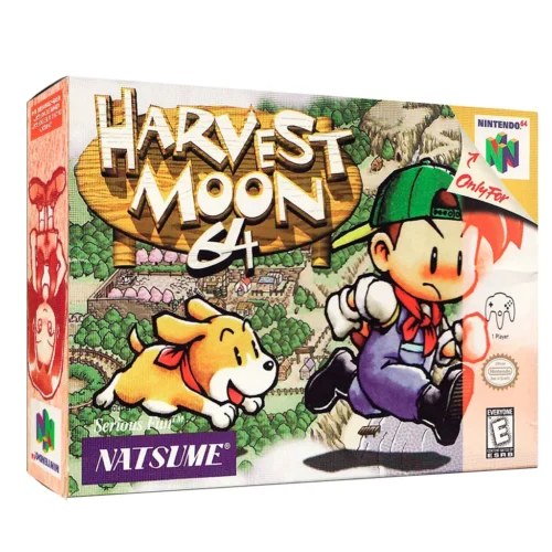 Juego Harvest Moon para Nintendo 64 en su caja original con manual de instrucciones y protector de acrílico para colección